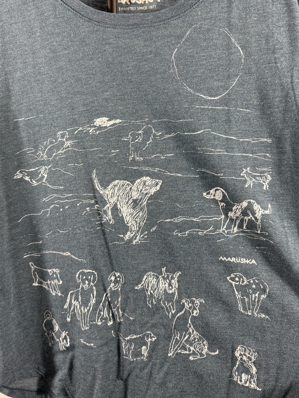 Marushka Hand Printed Dog Graphic Tee XL Blue Art Shirt